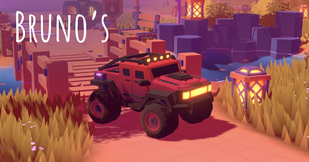Bruno Simon’s preview of a red vehicle in a colorful 3D world