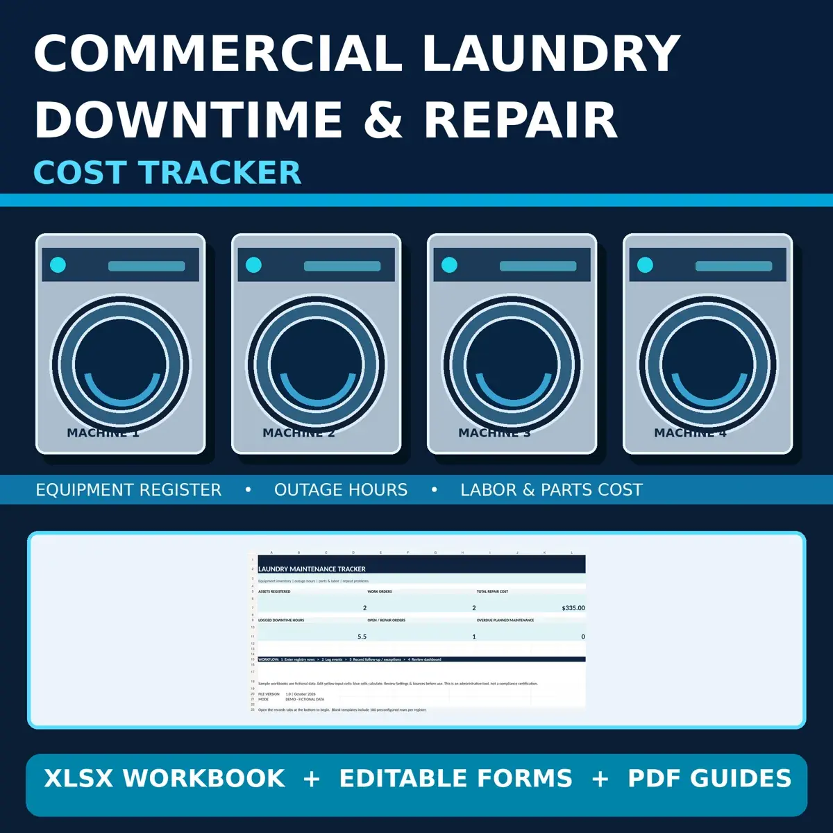 Commercial Laundry Equipment Downtime & Repair-Cost Tracker illustrative product cover