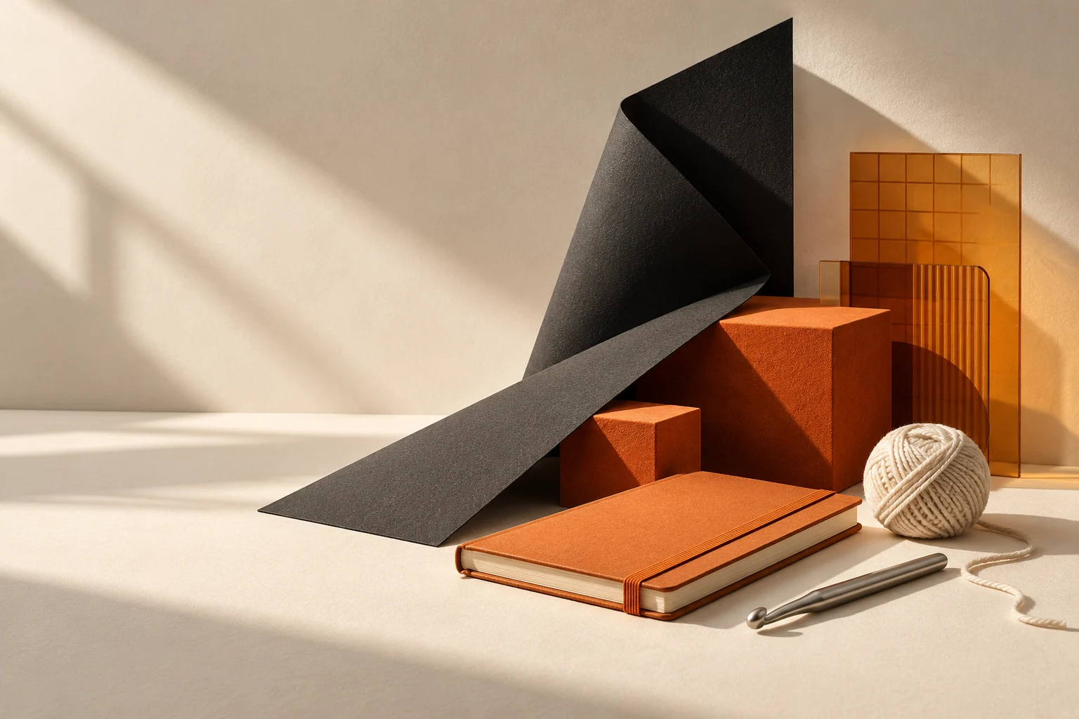 Sculptural black paper, an orange notebook, amber organizers, yarn and a crochet hook on a warm studio desk